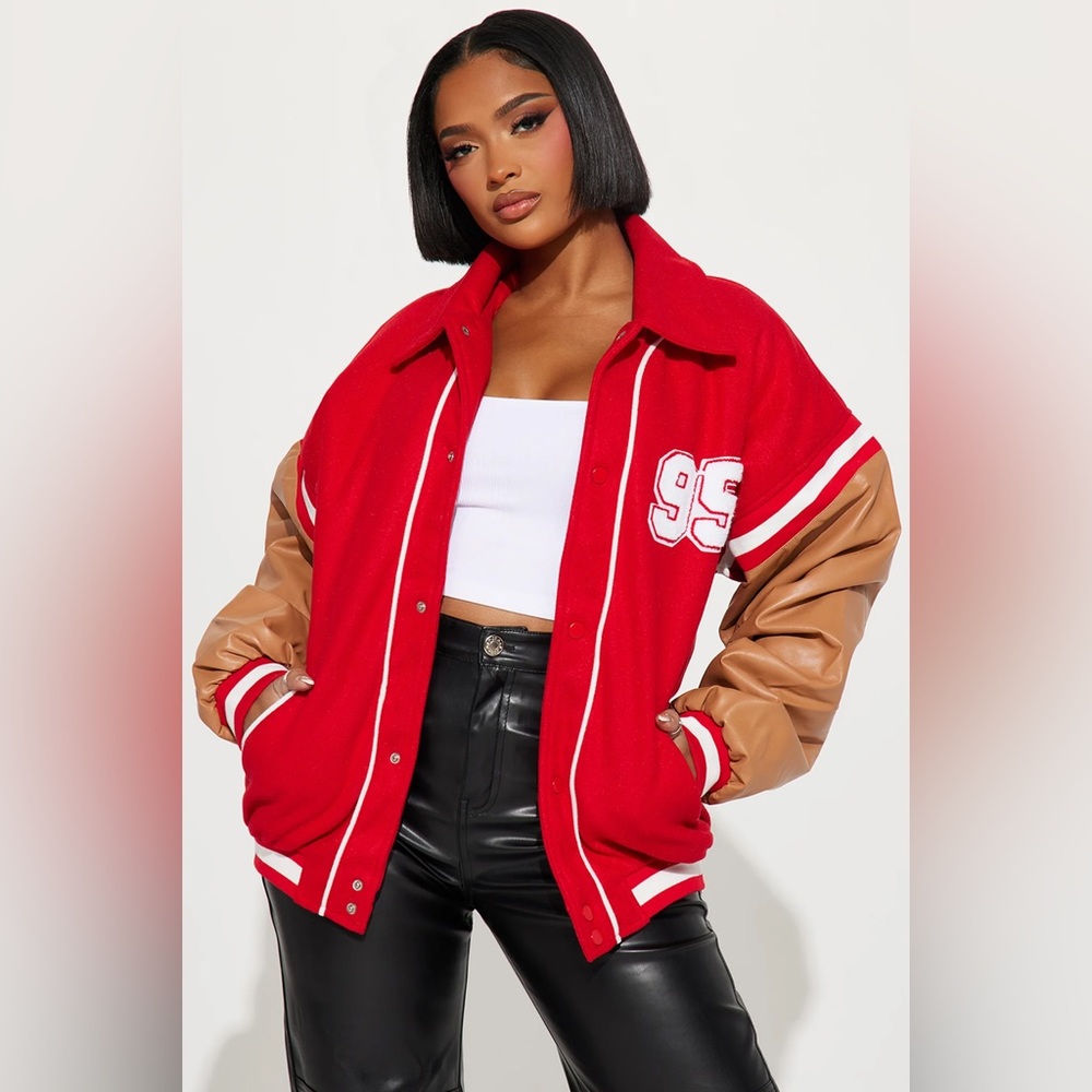 Fashion Nova Red and Tan Varsity Jacket Size L